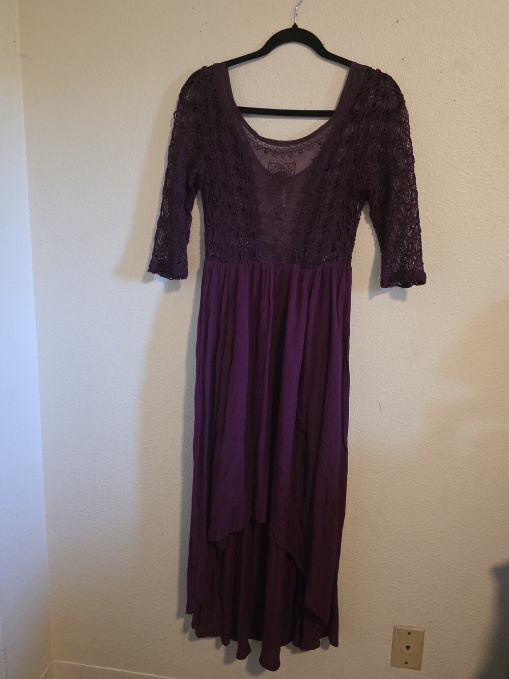 Free People Maxi Dress Size 6 Plum Purple Crochet Lace 3/4 Sleeve Boho
